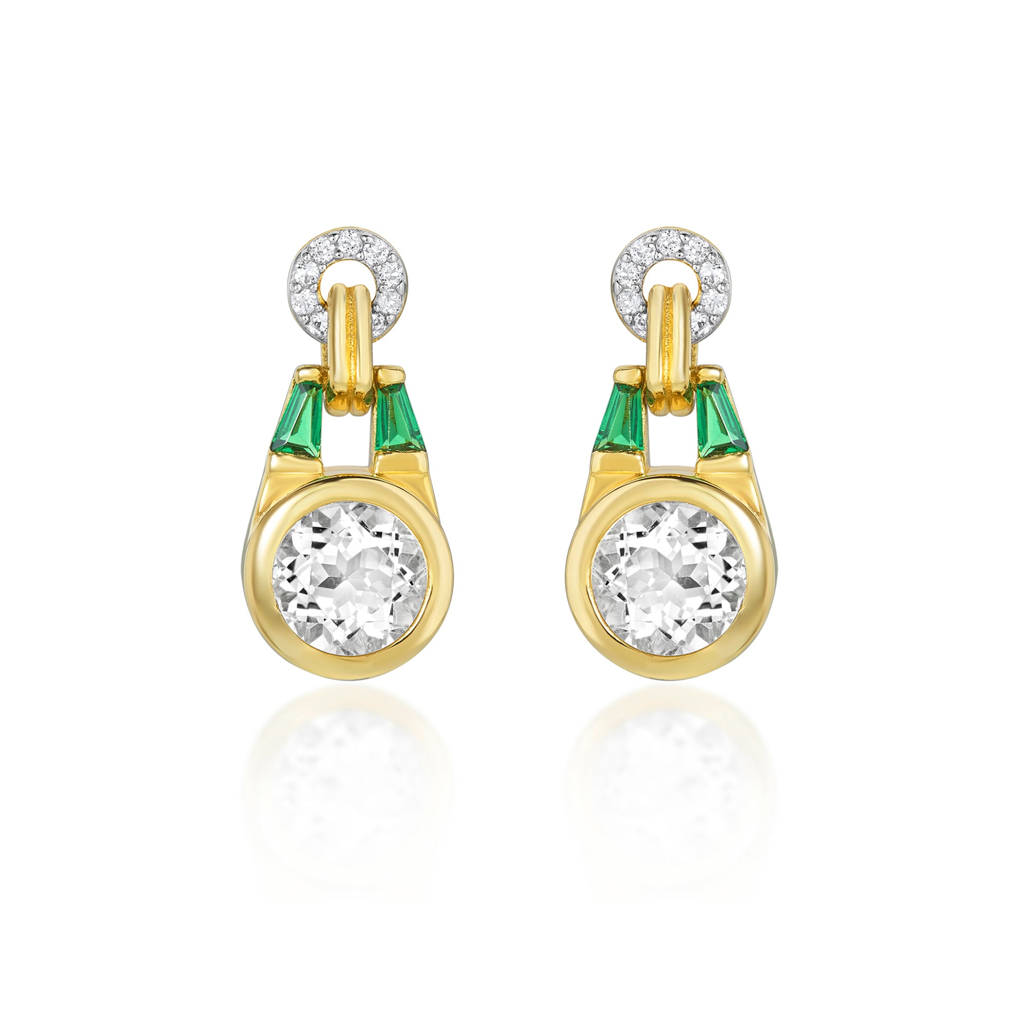 Olive Gold Earrings in White Topaz + Emerald Green Stone
