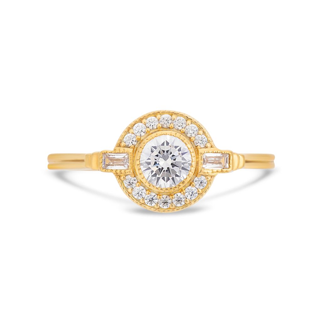 Round Art Deco halo diamond ring in yellow gold