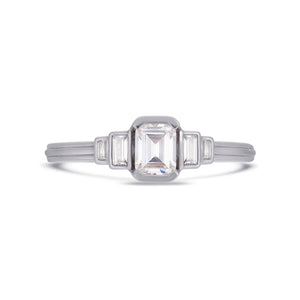 Deco cascading emerald & baguette cut diamond ring in platinum