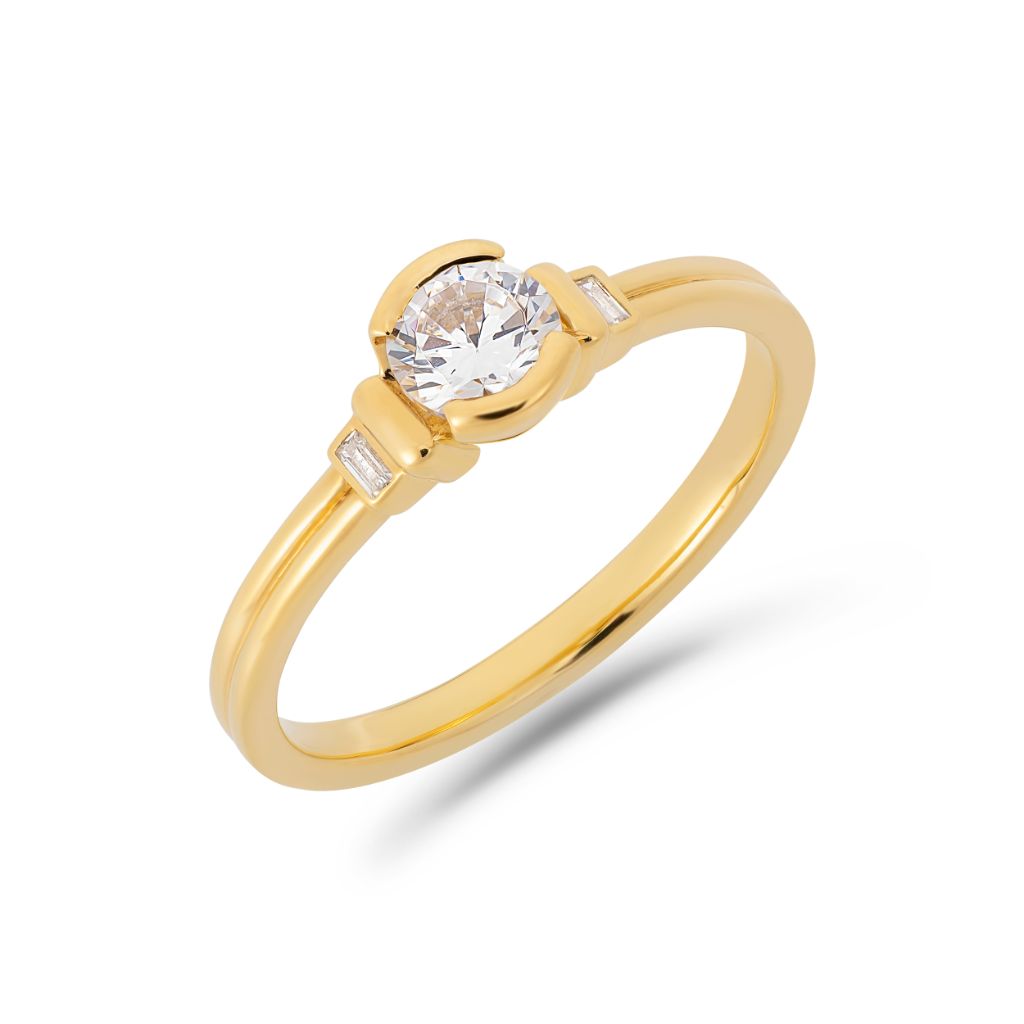 Deco brilliant cut solitaire diamond ring in yellow gold