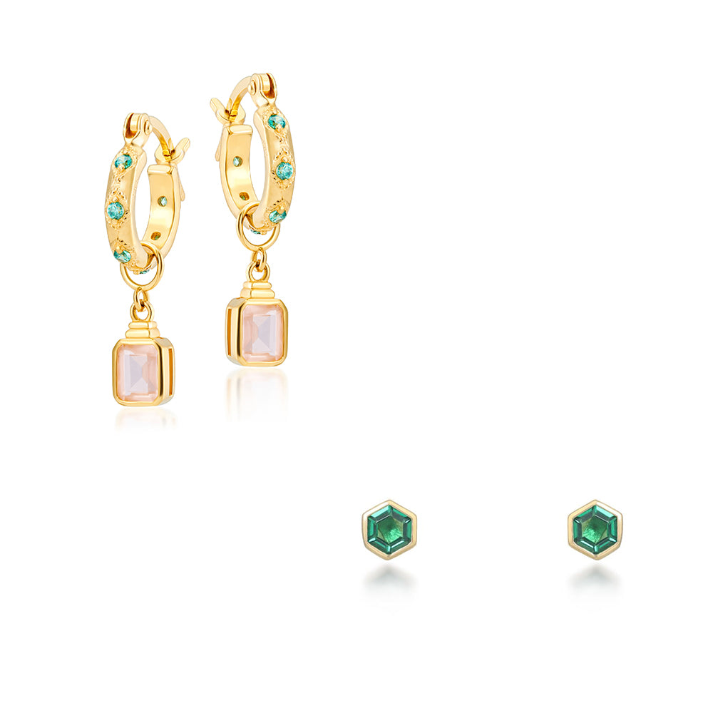 Lena hoops with apricot emerald cut charms and Tia studs in green