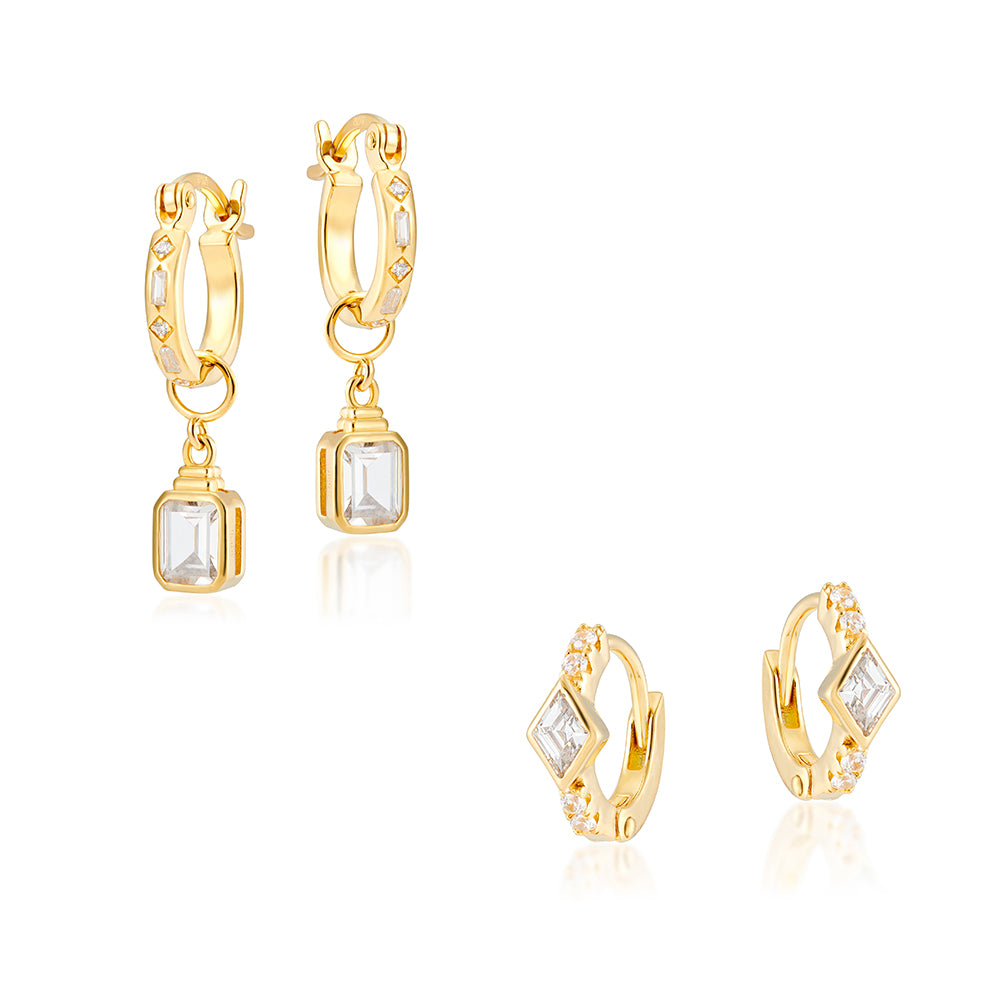 Iris hoops with emerald cut charms and Virginia huggies in gold