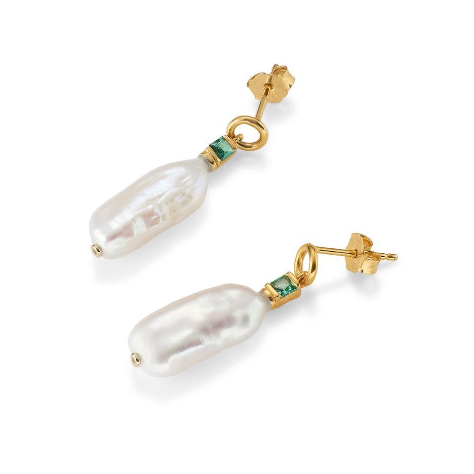Emily Baroque Pearl Drop Earrings with Emerald Green Stone
