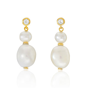 Eve Double Baroque Pearl Earrings in Gold and White Topaz