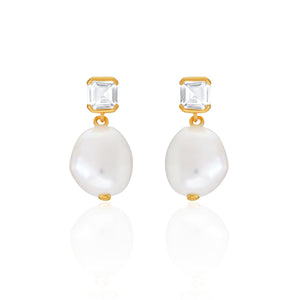 Bella Baroque Pearl Drop Earrings in Gold and White Topaz