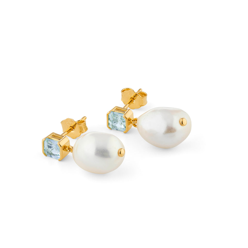 Bella Baroque Pearl Drop Earrings in Gold and Blue Topaz