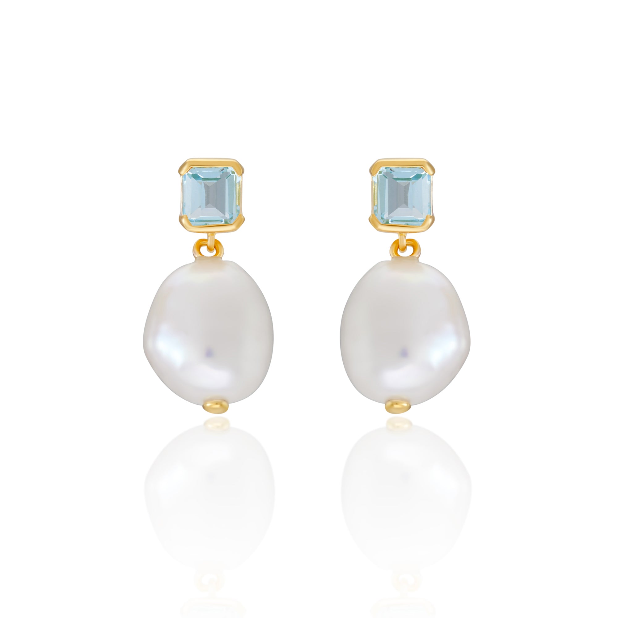 Bella Baroque Pearl Drop Earrings in Gold and Blue Topaz