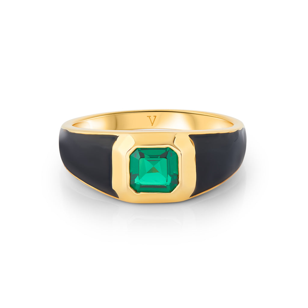 Sophie Black Enamel Signet Ring with Emerald Green Cubic Zirconia ...