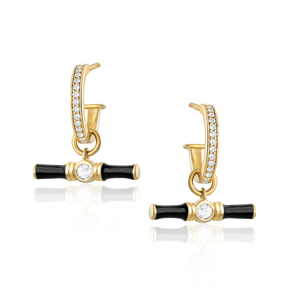 Dyllan White Topaz Gold Hoop Earrings + Black Enamel T-Bar Charms