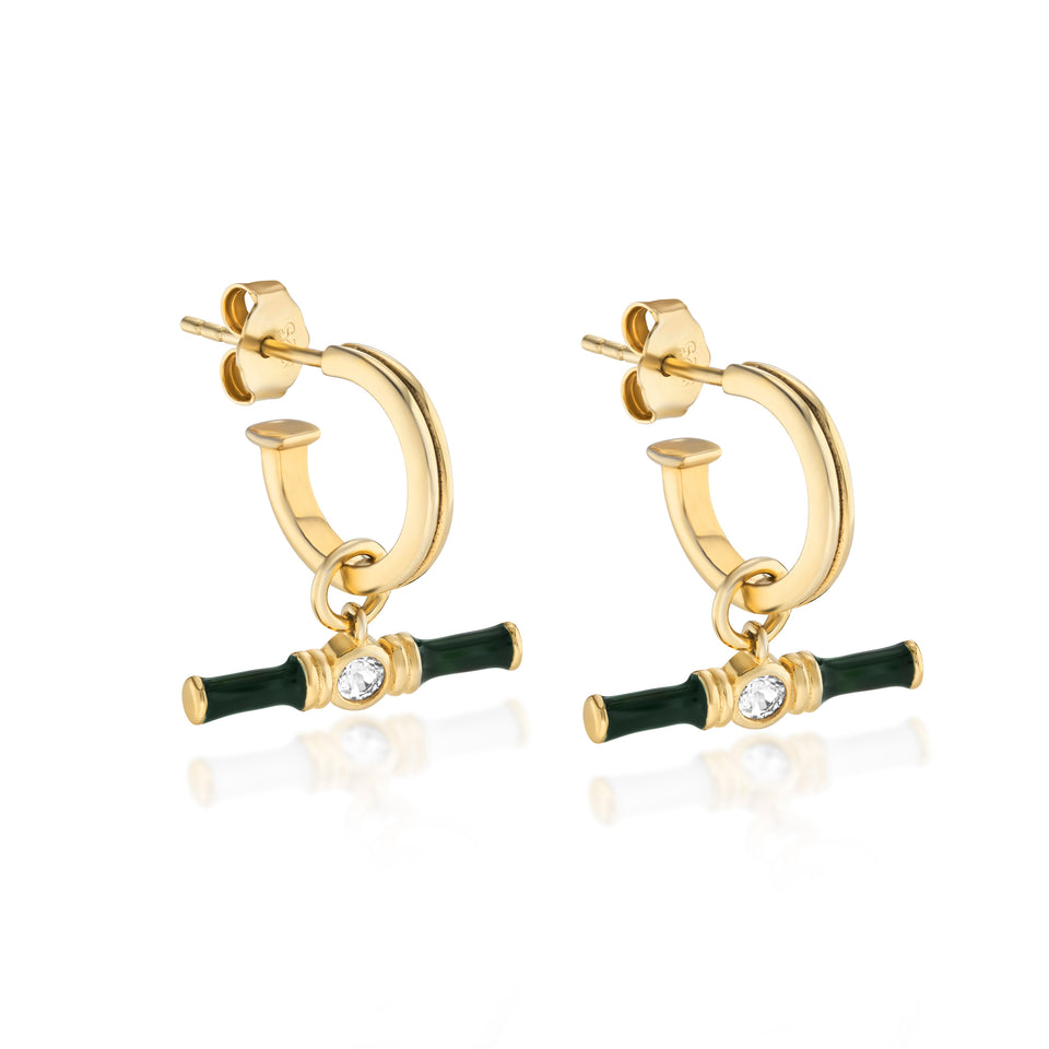 Dyllan Gold Hoop Earrings + Green Enamel T-Bar Charms