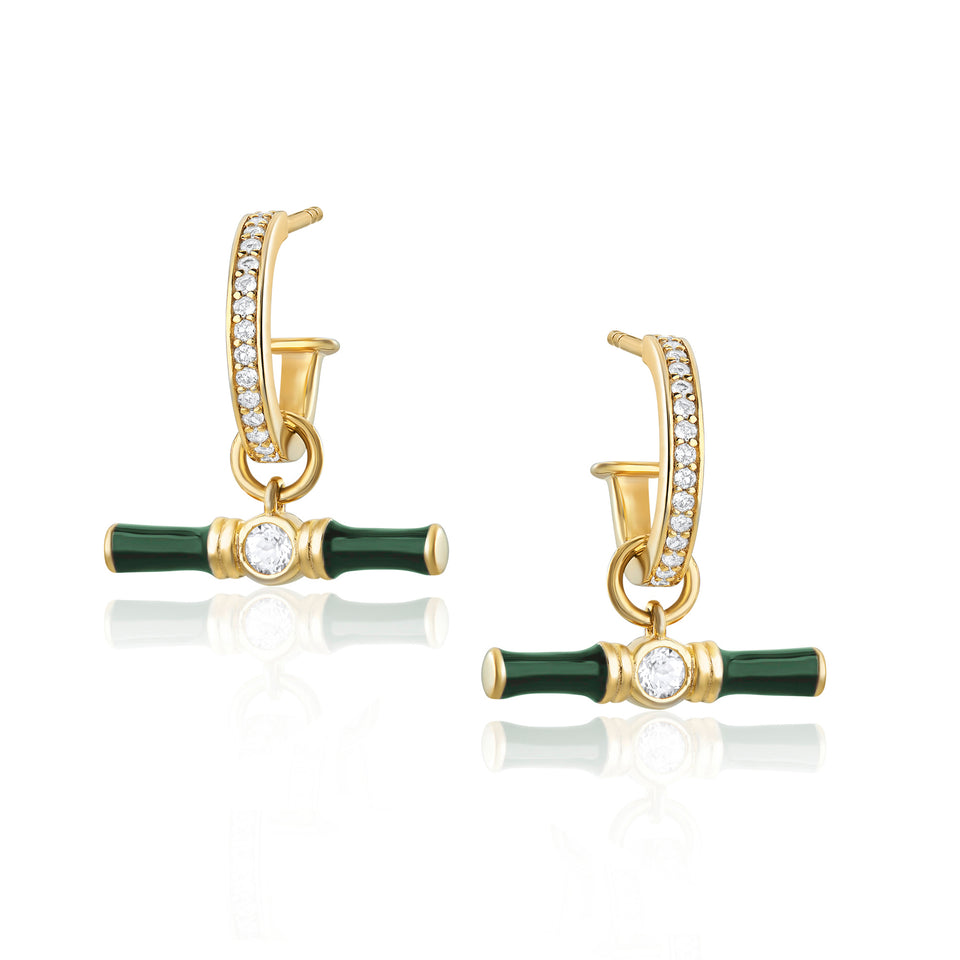 Dyllan White Topaz Gold Hoop Earrings + Green Enamel T-Bar Charms