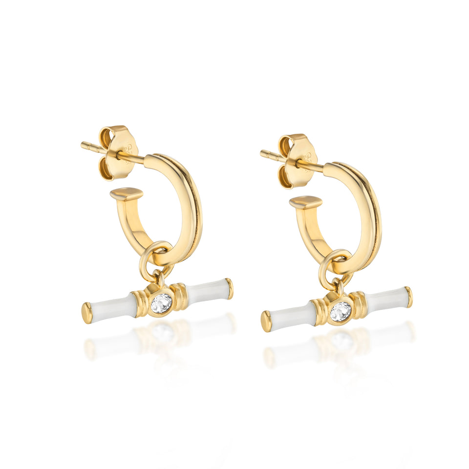 Dyllan Gold Hoop Earrings + White Enamel T-Bar Charms