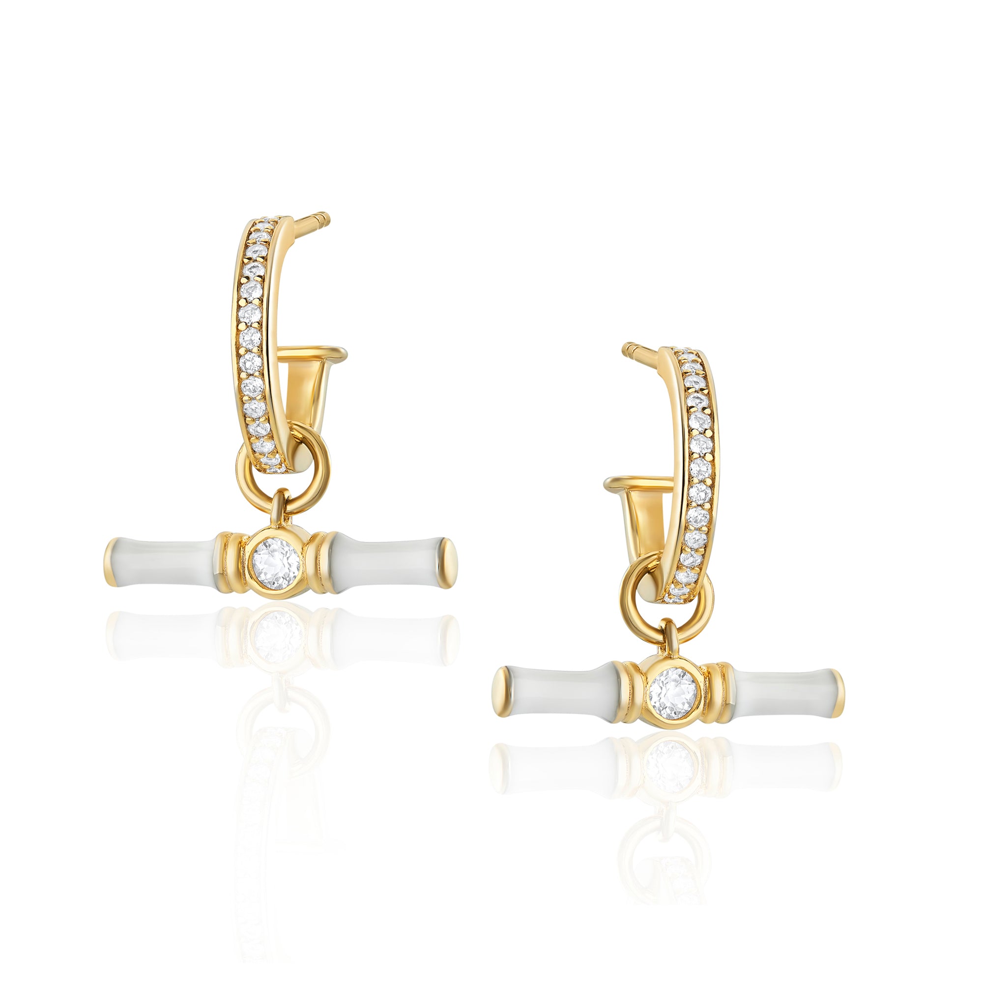 Dyllan White Topaz Gold Hoop Earrings + White Enamel T-Bar Charms