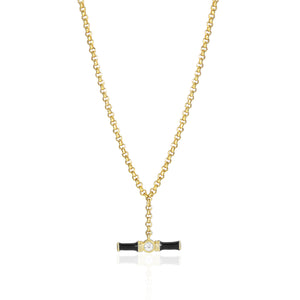 Dyllan Black Enamel Small T-Bar Necklace with White Topaz