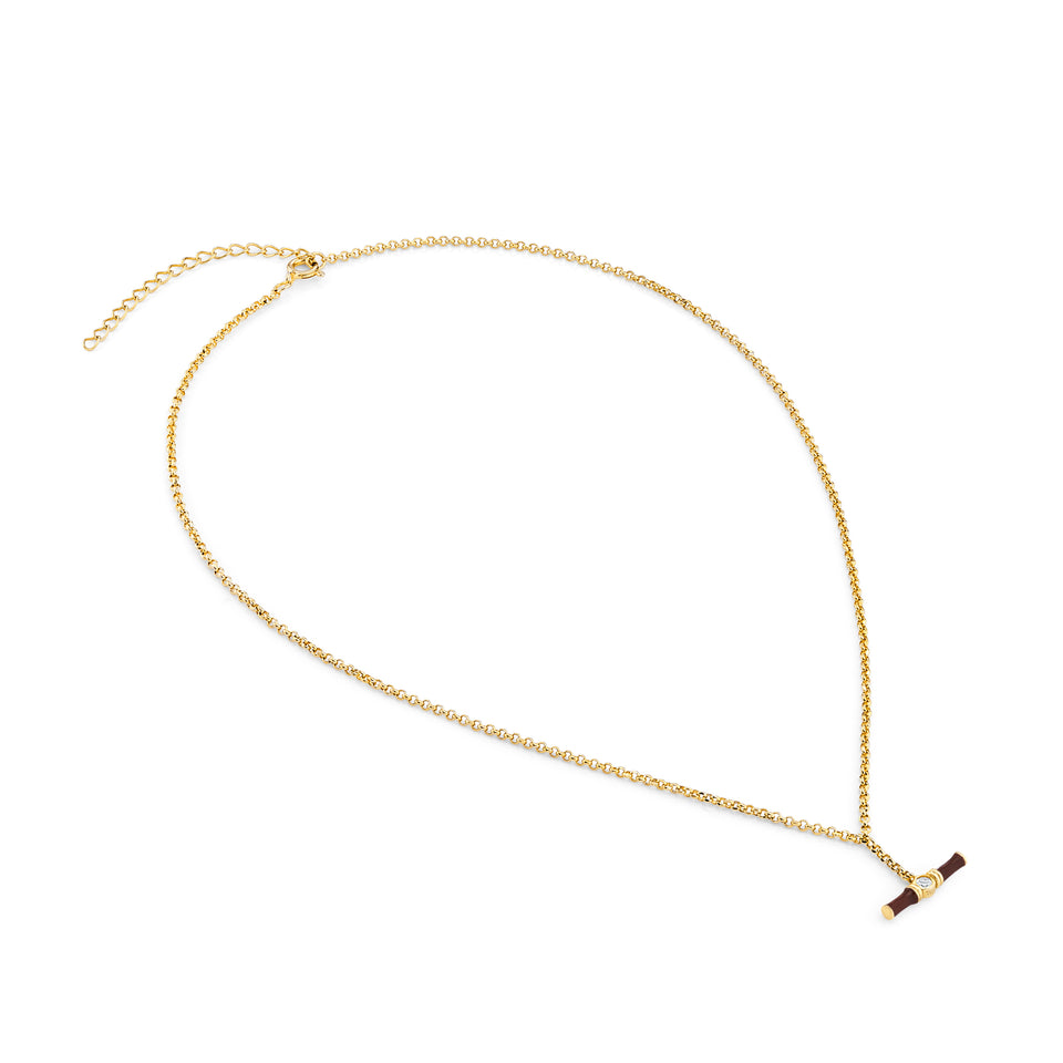 Dyllan Brown Enamel Small T-Bar Necklace with White Topaz