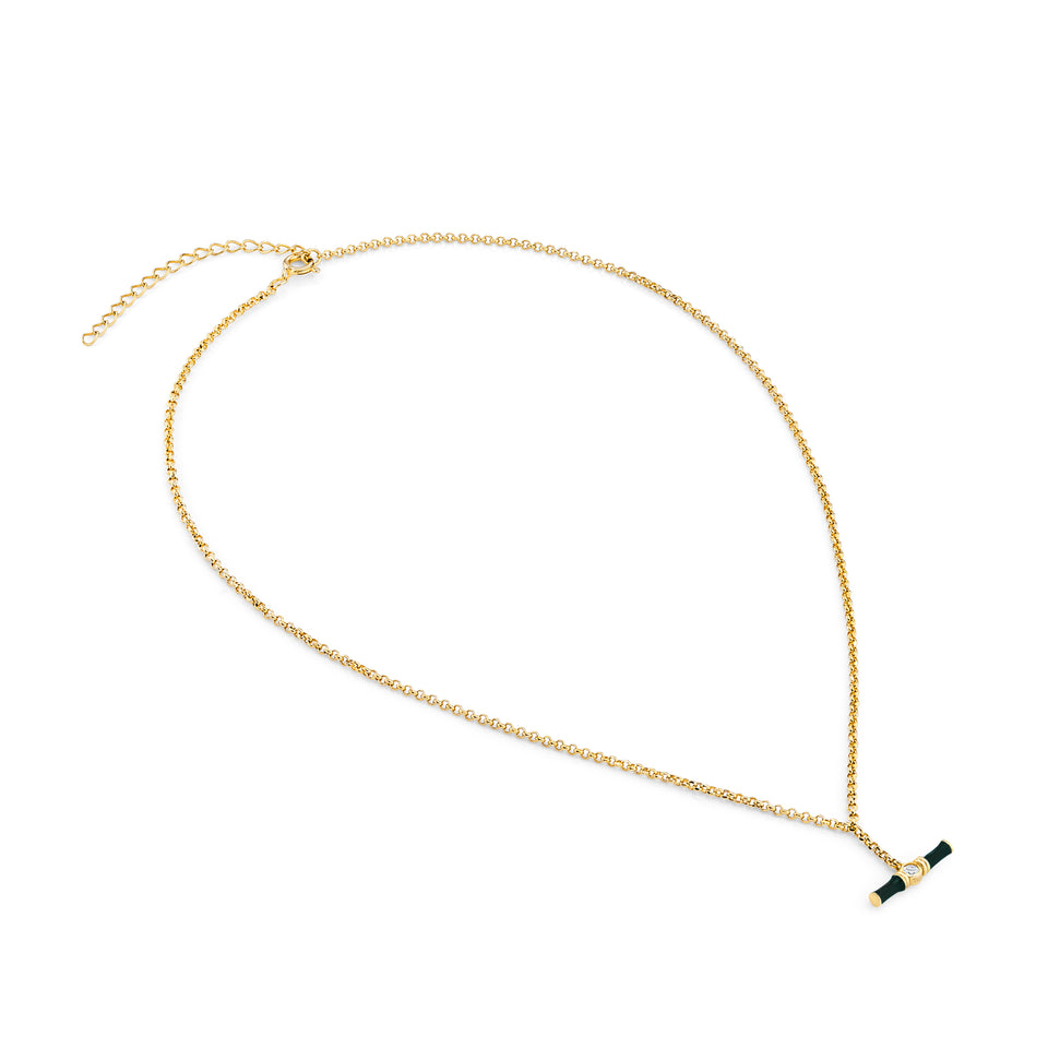 Dyllan Green Enamel Small T-Bar Necklace with White Topaz