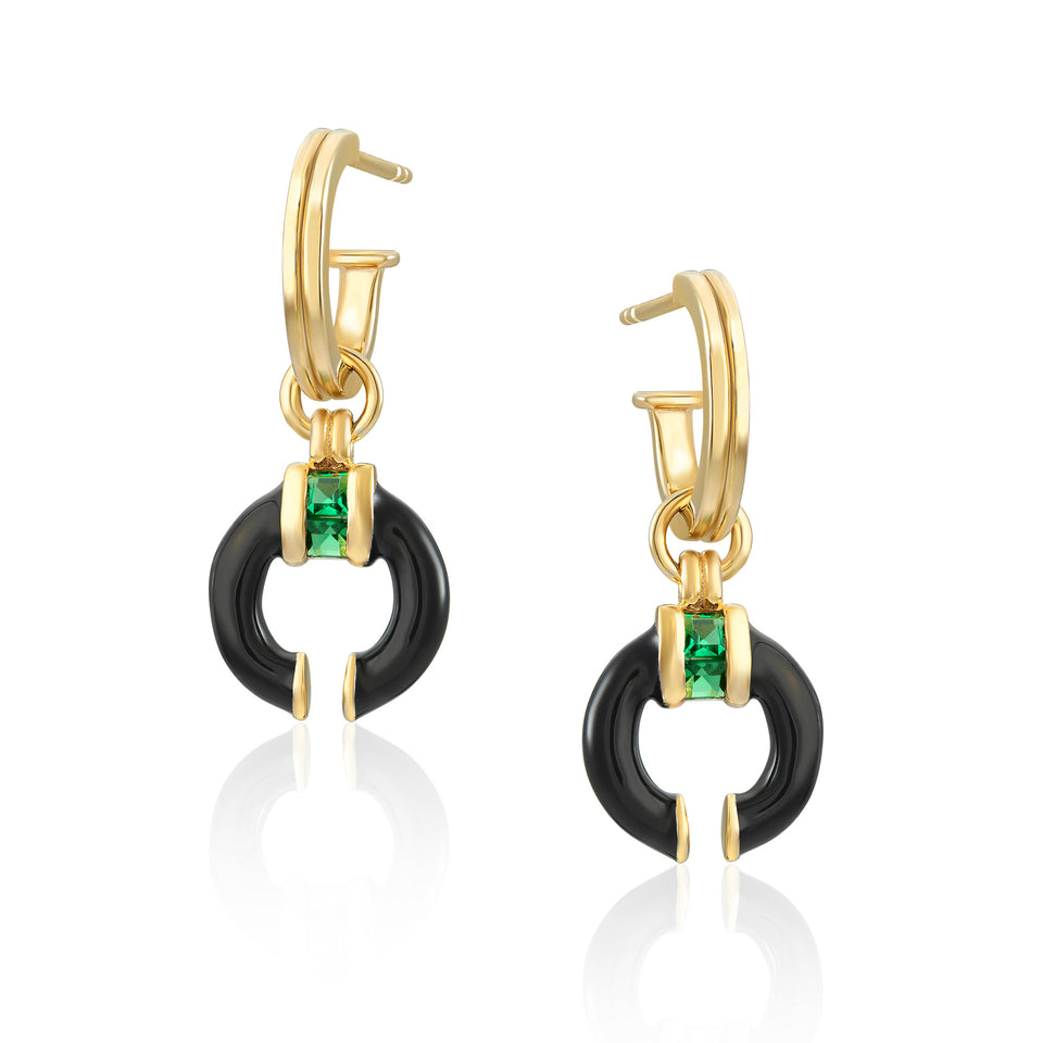 Delphine Black Enamel Earrings with Emerald Green Stone