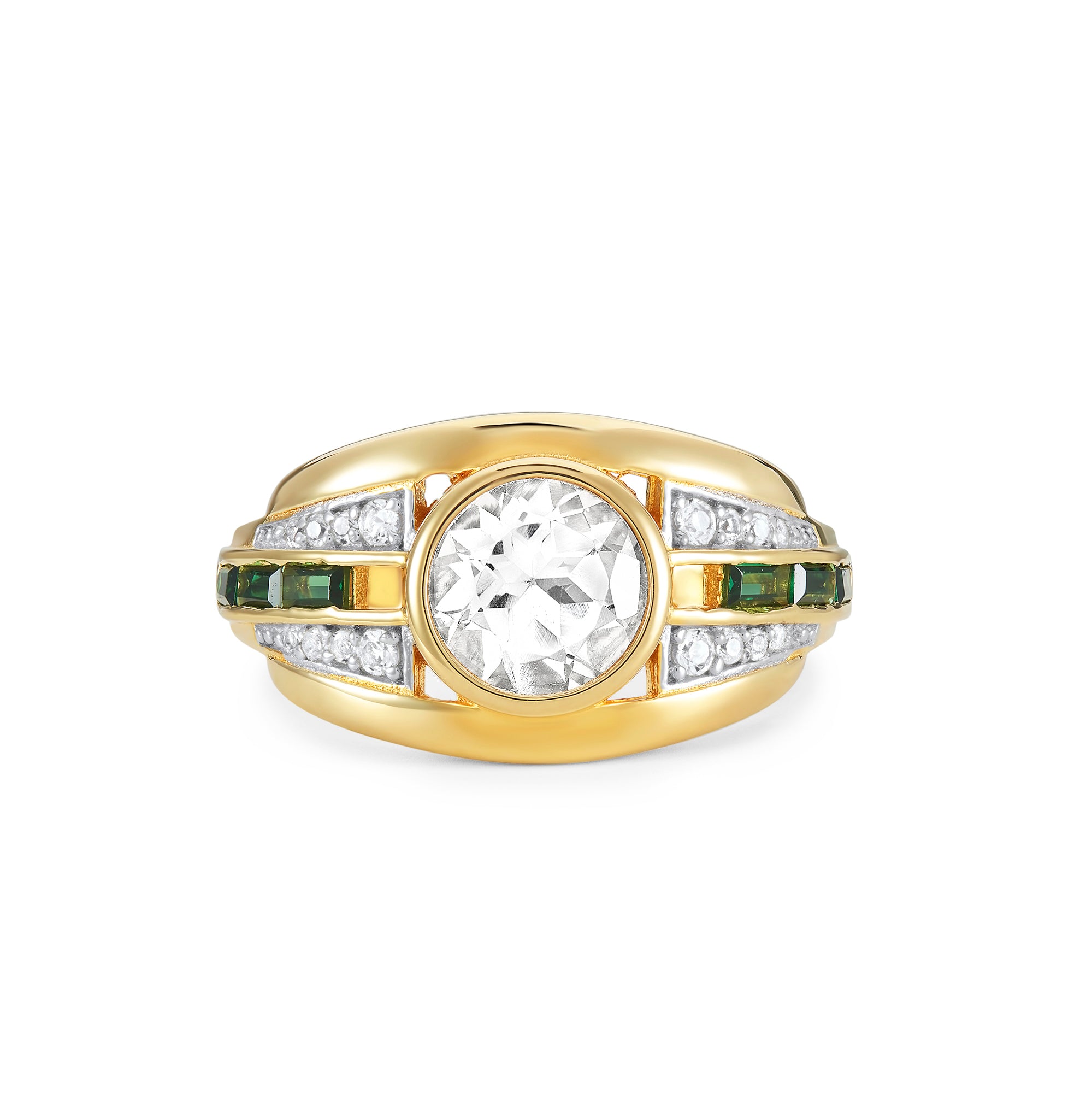 Olive Gold Ring with White Topaz + Emerald Green Stone