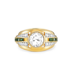Olive Gold Ring with White Topaz + Emerald Green Stone