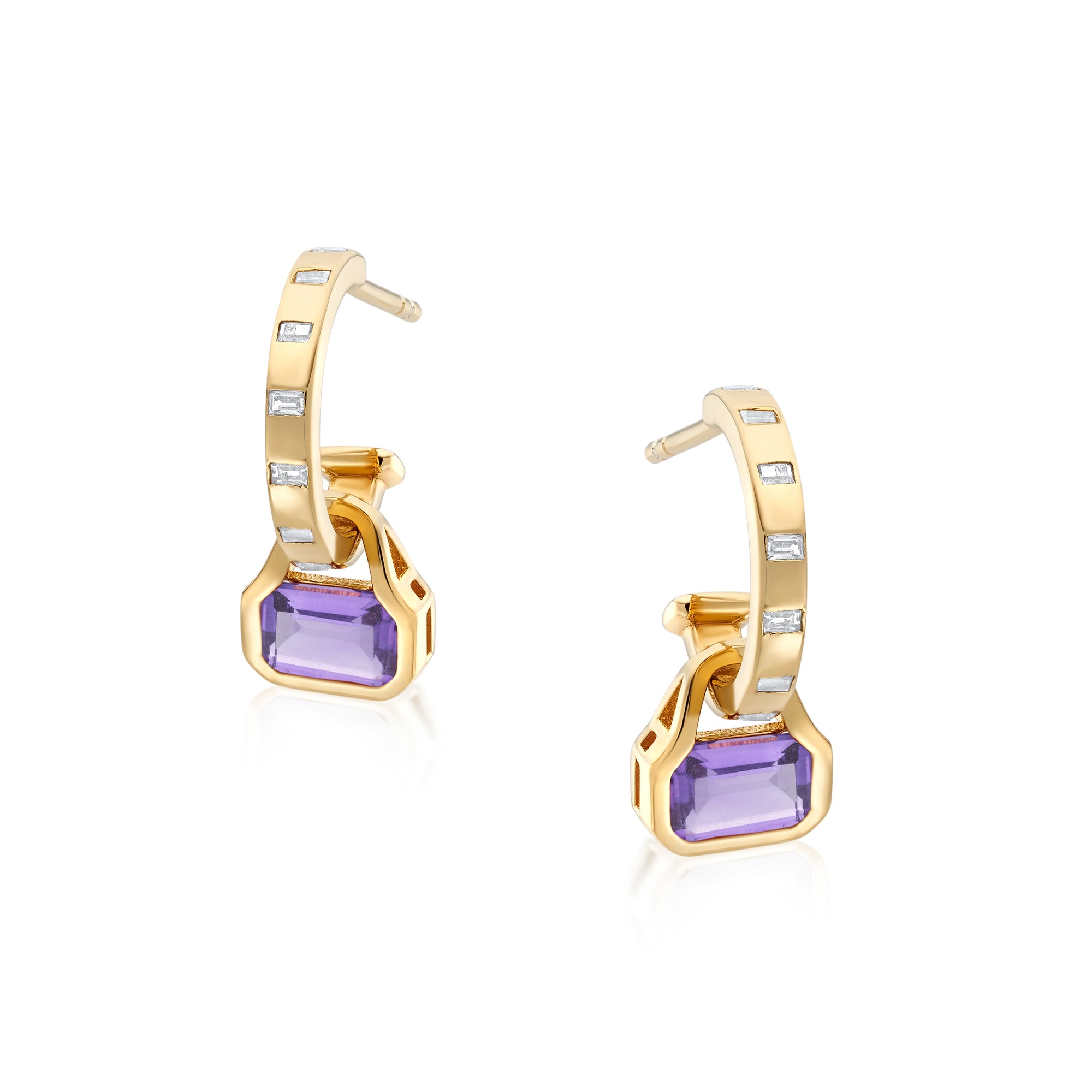 February: Amethyst Charms on Baguette Cut Hoops