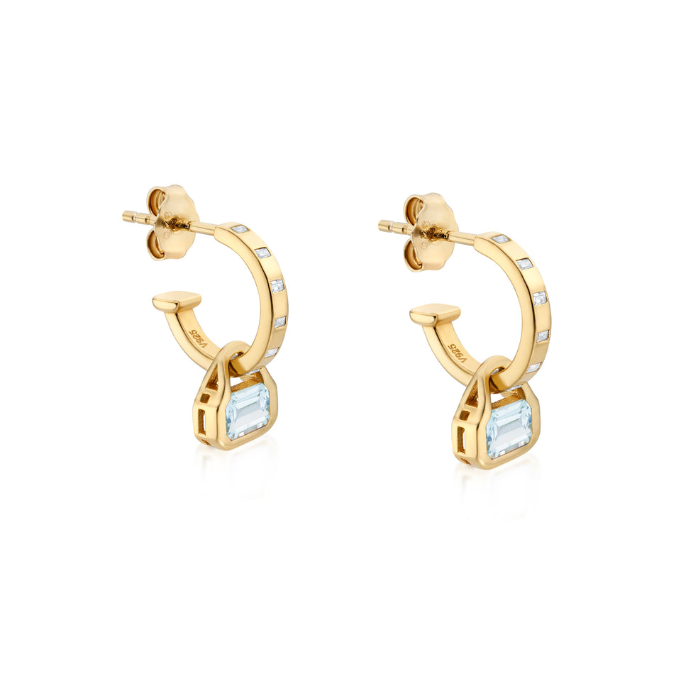 Blue Topaz Charms (March) on Baguette Cut Hoops