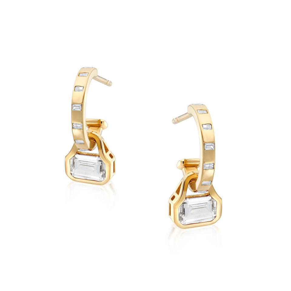 White Topaz Charms (April) on Baguette Cut Hoops