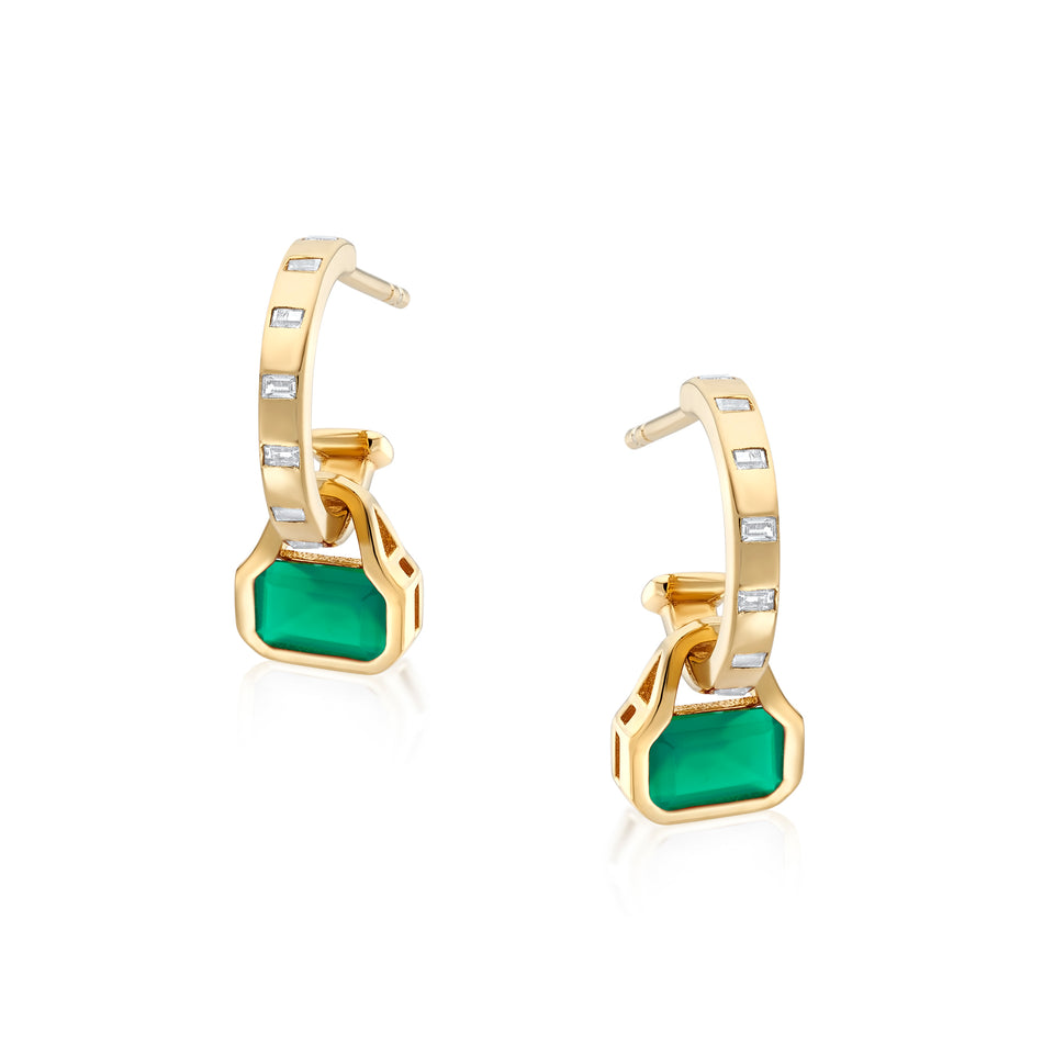 May: Green Agate Charms on Baguette Cut Hoops