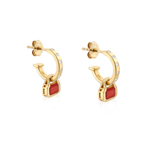 July: Red Agate Charms on Baguette Cut Hoops