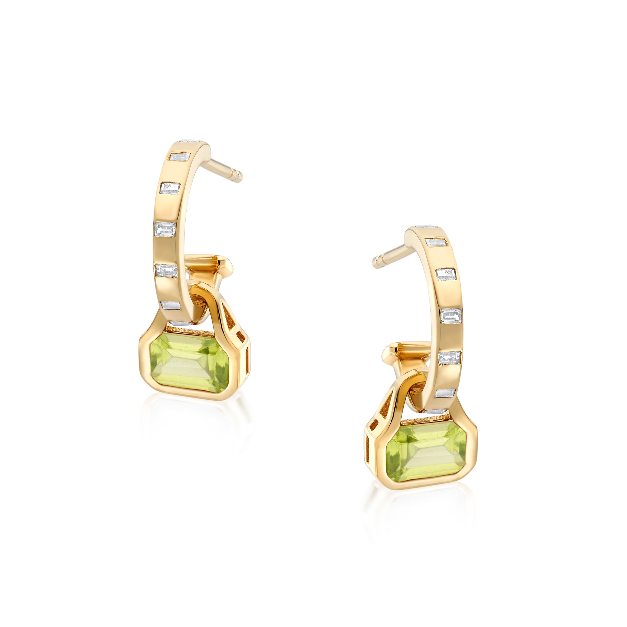 August: Peridot Charms on Baguette Cut Hoops