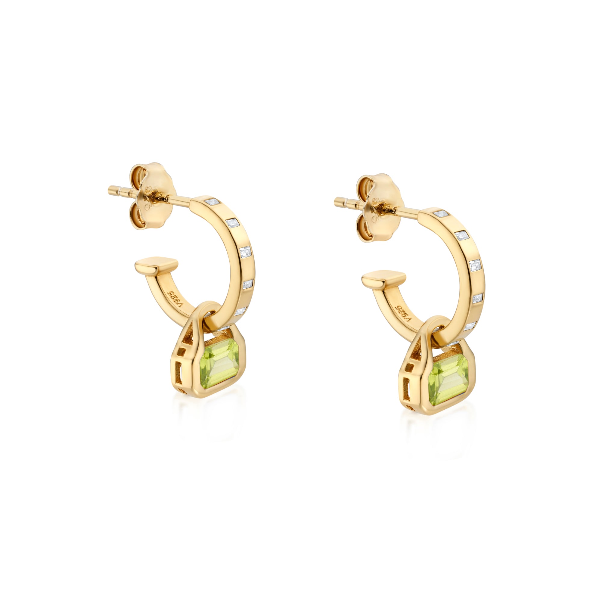 August: Peridot Charms on Baguette Cut Hoops