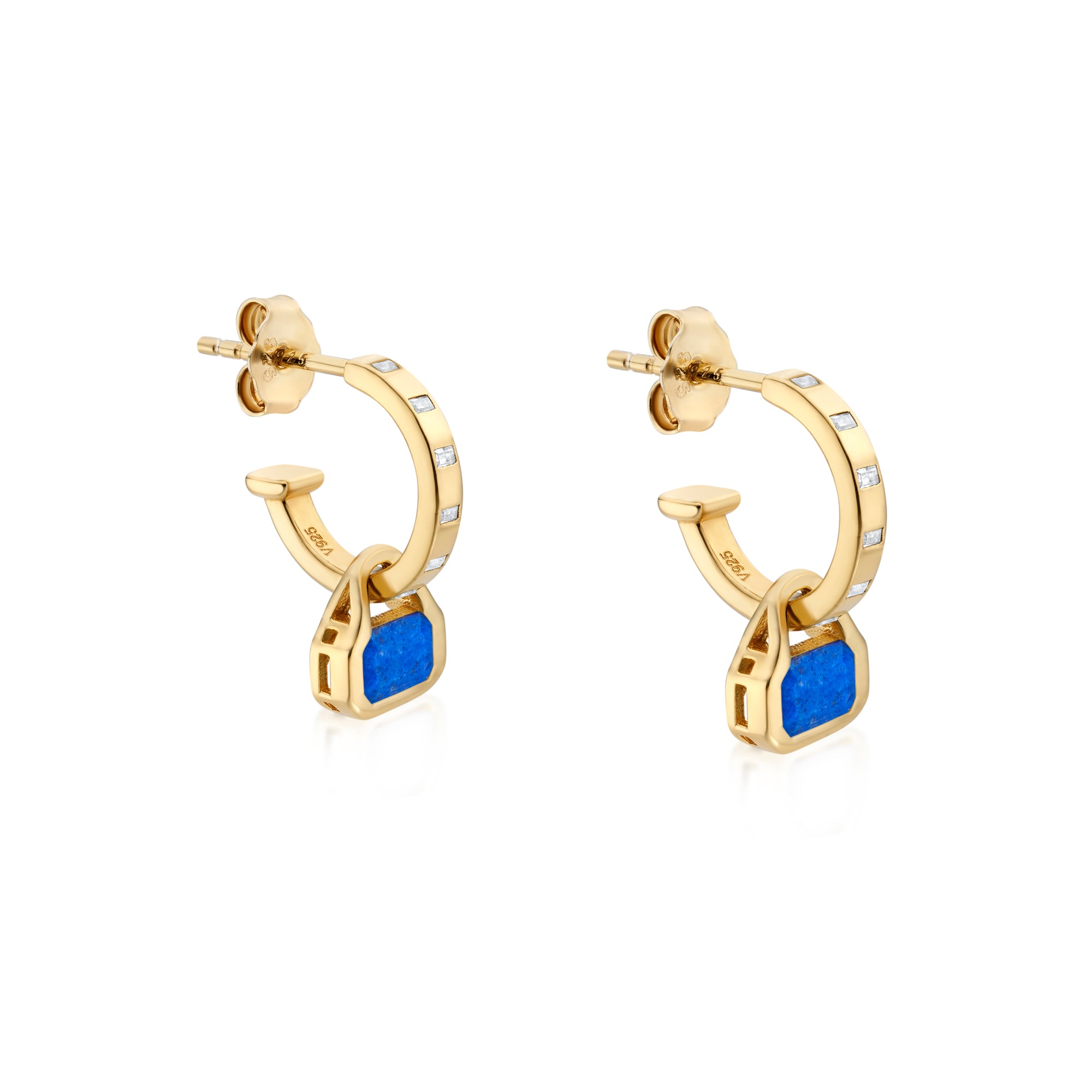 September: Blue Lapis Charms on Baguette Cut Hoops