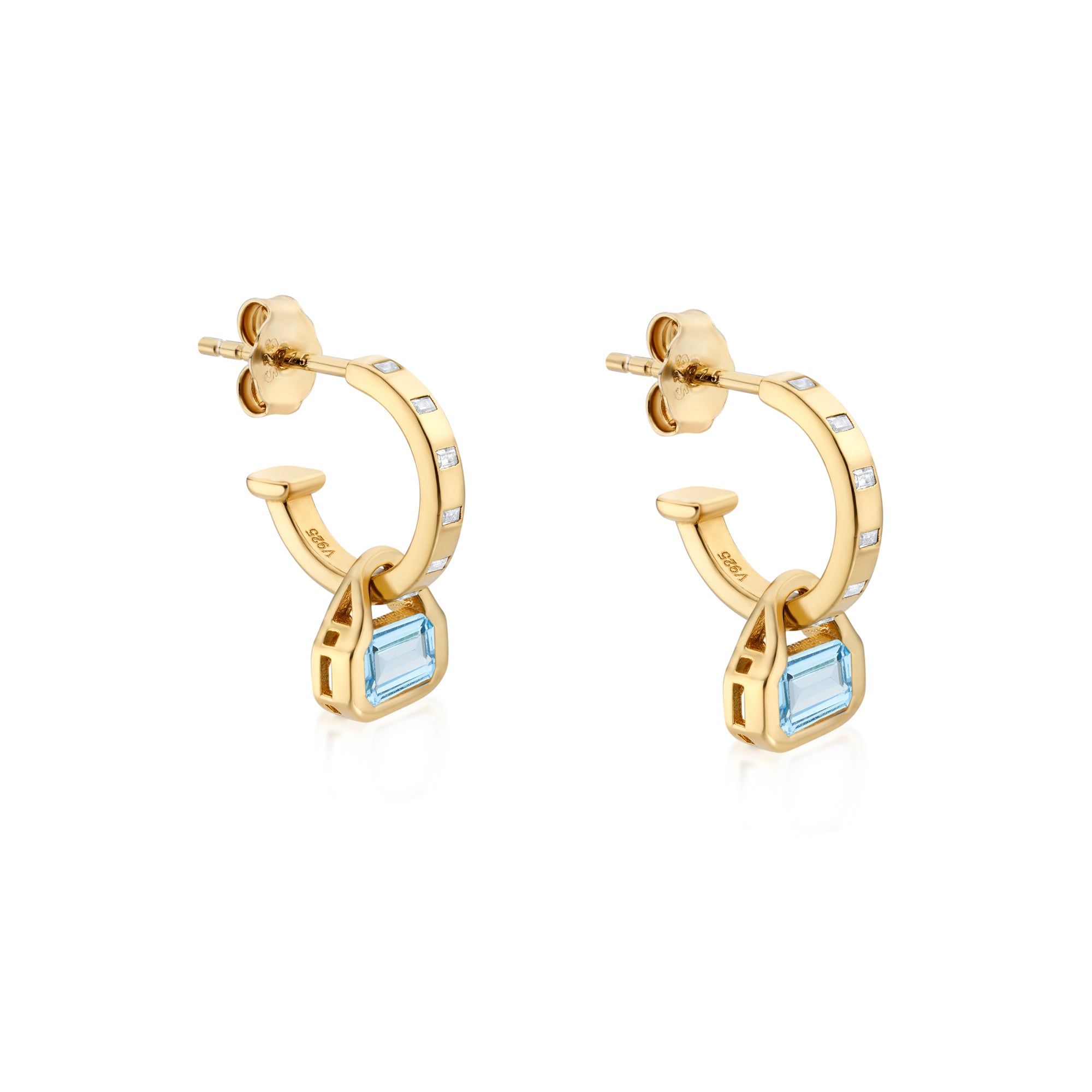 December: Swiss Blue Topaz Charms on Baguette Cut Hoops