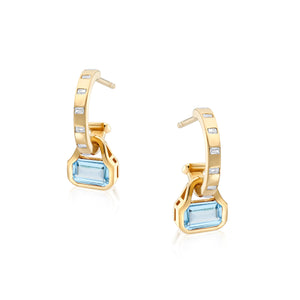 December: Swiss Blue Topaz Charms on Baguette Cut Hoops