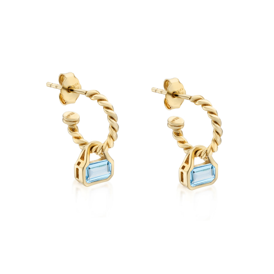 Swiss Blue Topaz Charms (December) on Twisted Hoops
