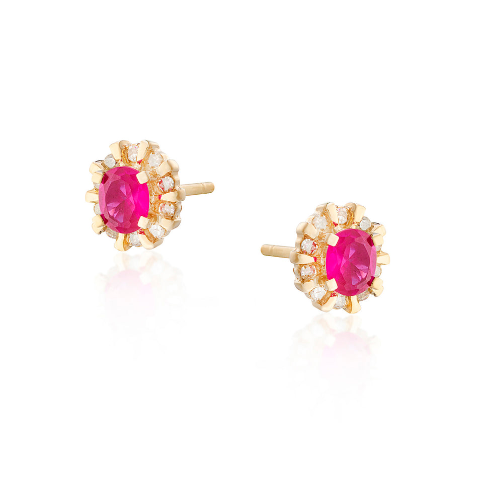 VINTAGE 9CT YELLOW GOLD CLUSTER DIAMOND & CREATED RUBY STUD EARRINGS