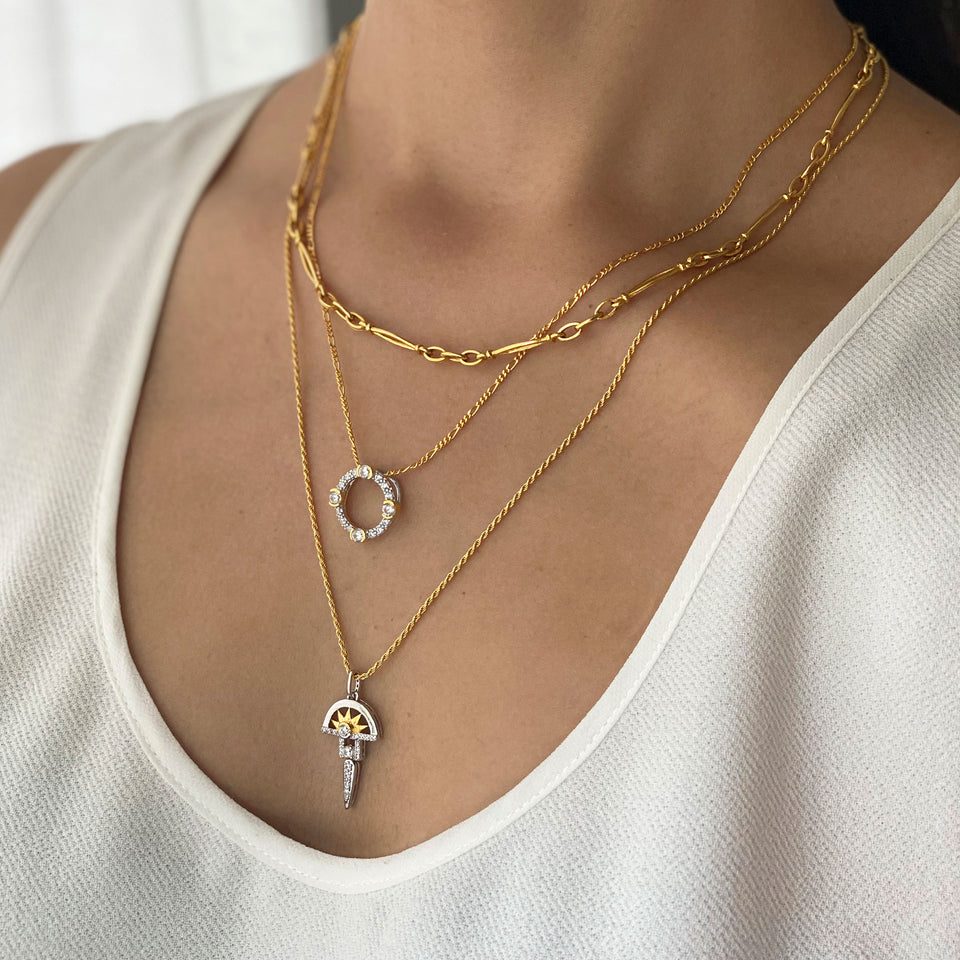Luna Gold Circle Necklace on Figaro Chain