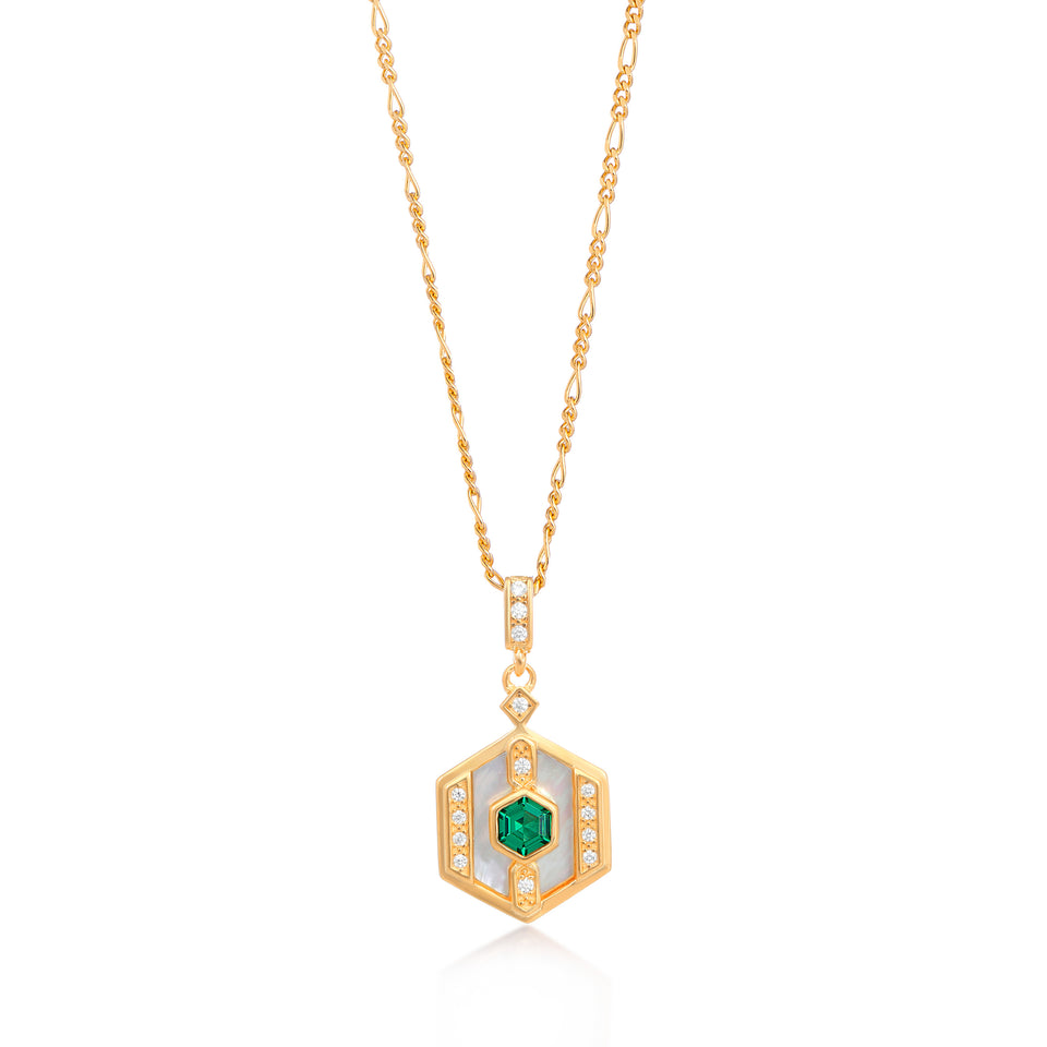 Darcy Gold Necklace in Green on Figaro Chain