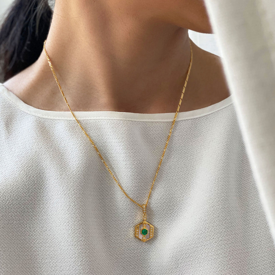 Darcy Gold Necklace in Green on Figaro Chain