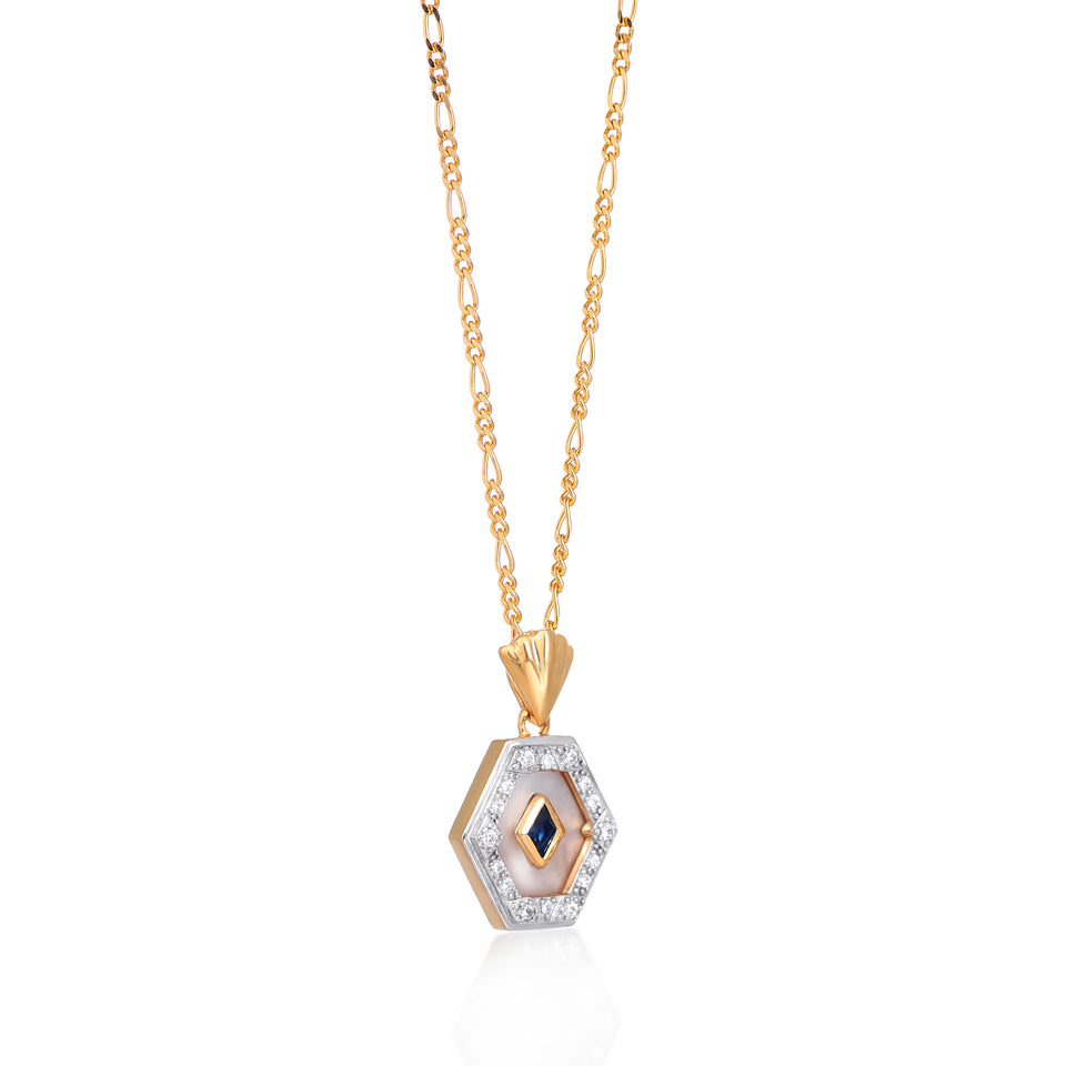 Esme Gold Necklace in Blue & Pearl on Figaro Chain