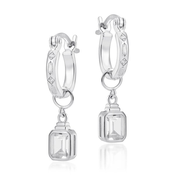 Iris Silver Hoop Earrings + Emerald Cut Charms