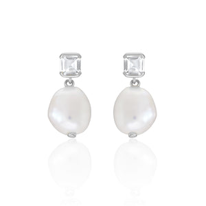 Bella Baroque Pearl Drop Earrings in Silver and White Topaz