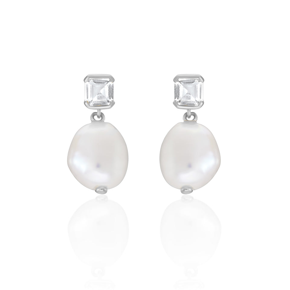 Bella Baroque Pearl Drop Earrings in Silver and White Topaz
