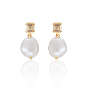 Bella Baroque Pearl Drop Earrings with Champagne Stone