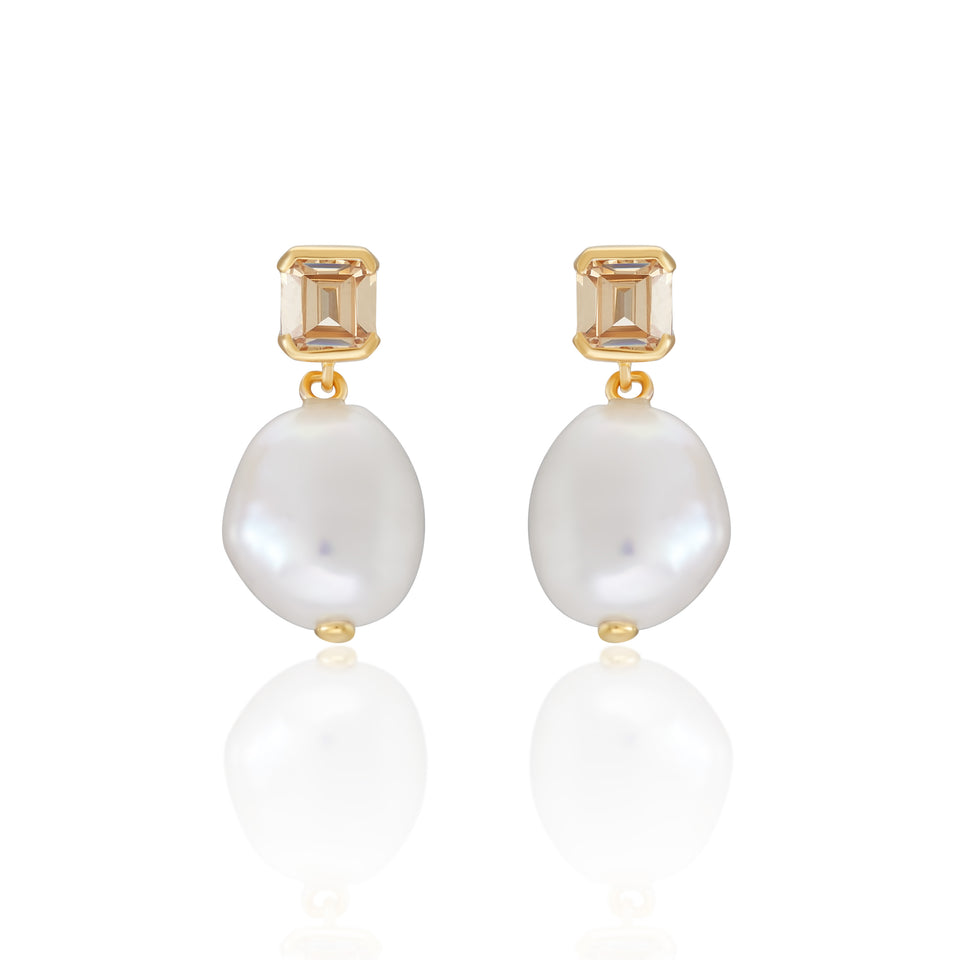 Bella Baroque Pearl Drop Earrings with Champagne Stone