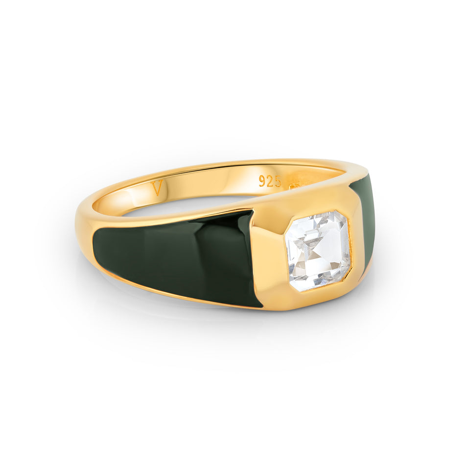 Sophie Green Enamel Signet Ring with White Topaz