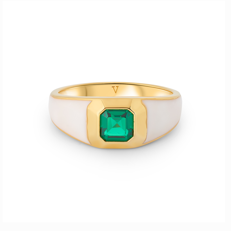 Sophie White Enamel Signet Ring with Emerald Green Stone