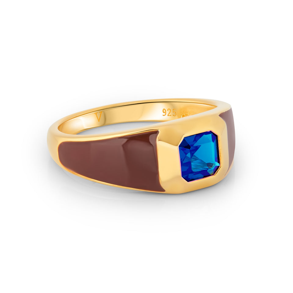 Sophie Brown Enamel Signet Ring with Sapphire Blue Stone