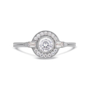 Round Art Deco diamond halo ring in platinum