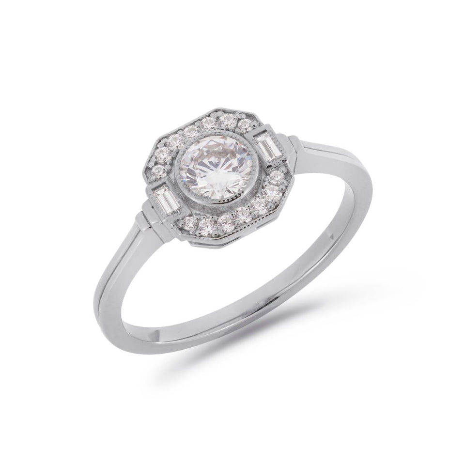 Asscher Art Deco diamond halo ring in white gold