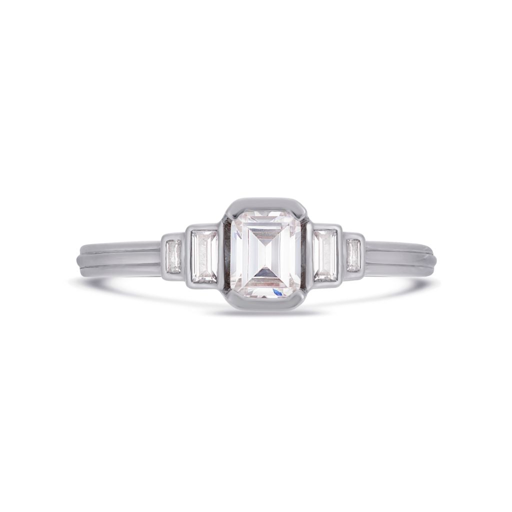 Deco cascading emerald & baguette cut diamond ring in white gold